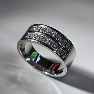 Men's Cubic Zirconia Ring Stainless Steel AAA Brilliant CZ Multi-Row Band Size 9